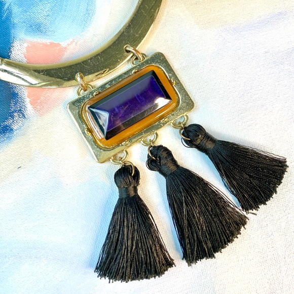 Chico’s Boho Statement Collar Necklace Blue Stone Tassel Pendant - Picture 6 of 6